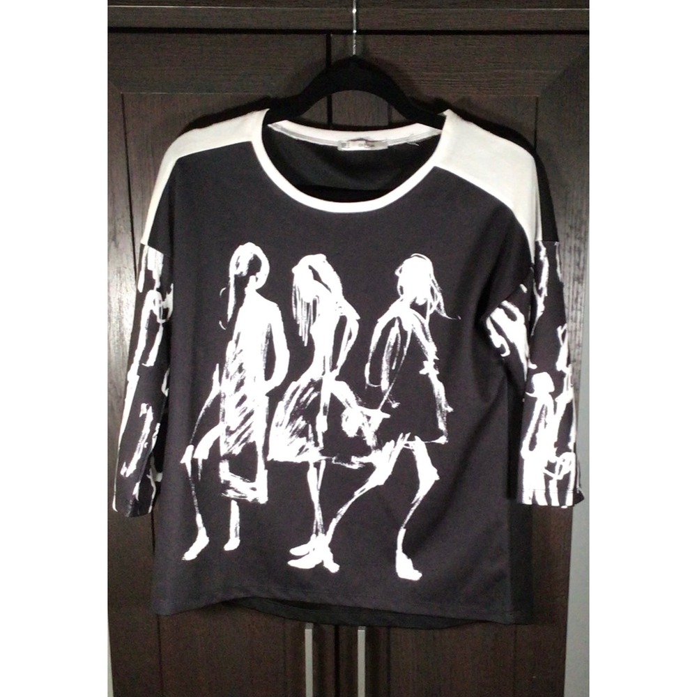 Grifflin Paris Womens Black White Graphic Silhouette Top 3/4 Sleeve Size M